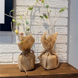 Rustic Burlap Wrapped Faux Easter egg Plant Decor x 2